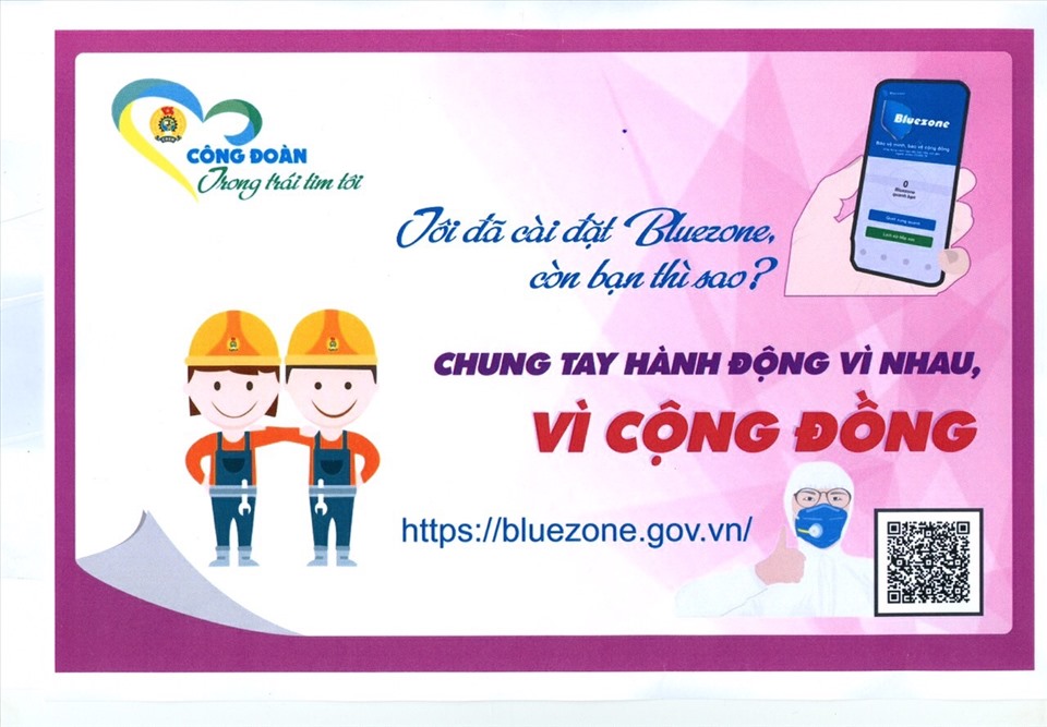 Panno công đoàn vận động đoàn viên, CNVCLĐ cài đặt ứng dụng Bluezone. Ảnh: CĐVN