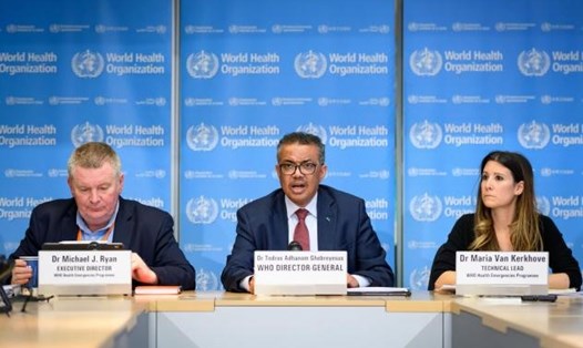 Tổng giám đốc WHO Tedros Adhanom Ghebreyesus (giữa), tiến sĩ Michael Ryan (trái) trong một cuộc họp báo của WHO. Ảnh: AFP