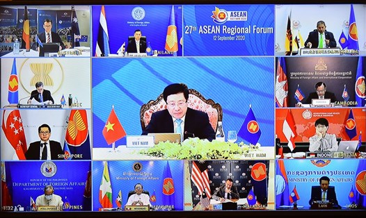 Vấn đề Biển Đông được các bộ trưởng trao đổi tại Hội nghị Diễn đàn Khu vực ASEAN (ARF) lần thứ 27 theo hình thức trực tuyến ngày 12.9. Ảnh: Bộ Ngoại giao.