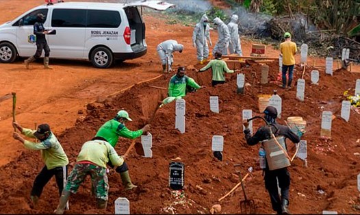 Đào mộ chôn nạn nhân COVID-19 ở Jakarta hôm 11.9. Ảnh: AFP