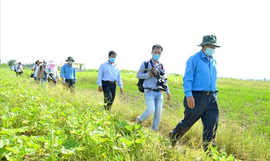 Chủ tịch LĐLĐ tỉnh An Giang Nguyễn Thiện Phú dẫn đầu đoàn công tác, đi bộ nhiều cây số để trực tiếp thăm hỏi, động viên cán bộ, chiến sĩ bộ đội biên phòng làm nhiệm vụ phòng, chống COVID-19. Ảnh: Lục Tùng
