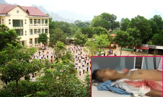 Trường THPT Hùng An, nơi nam sinh sinh lớp 11 (ảnh nhỏ) bị bạn đâm thấu ngực tại cổng trường. Ảnh: P. Họ