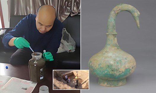 Phân tích chất lỏng bí ẩn trong chiếc bình đồng ở ngôi mộ cổ Trung Quốc. Ảnh: Viện Khảo cổ Tam Môn Hiệp