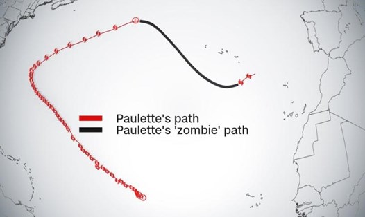 Tin bão mới nhất cho thấy, bão Paulette đã hồi sinh và được ví như một cơn bão "zombie". Trong ảnh màu đỏ là hướng di chuyển của bão Paulette và đen là hướng di chuyển của bão "zombie" Paulette. Ảnh: CNN.