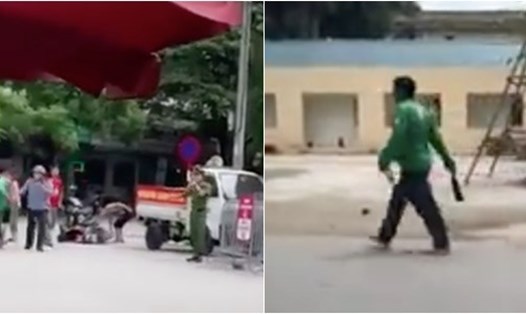 Hình ảnh tài xế mặc áo xe ôm công nghệ cầm dao chém bị thương 2 người tại cổng bệnh viện E Hà Nội. Ảnh cắt từ clip