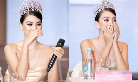 Tiểu Vy bật khóc ngay buổi họp báo Hoa hậu Việt Nam 2020. Ảnh: SV