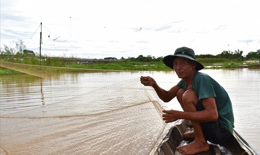 Với tay kéo lưới để thu hoạch nhưng không có con cá nào, ông Huỳnh Văn Đằng (63 tuổi ở xã Phú Hữu, huyện An Phú) chán nản: “Hơn 30 năm thâm niên đánh bắt cá mùa lũ, chưa năm nào lại có thu hoạch tệ như bây giờ”. Mùa lũ 2019, mỗi ngày mang lại thu nhập cho ông từ 1 đến 2 triệu đồng. Còn năm nay, cố gắng lắm mỗi ngày ông chỉ kiếm được 100.000 - 200.000 đồng. Ảnh: Thành Nhân