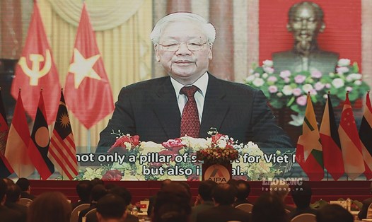 Tổng Bí thư, Chủ tịch Nước Nguyễn Phú Trọng phát biểu trực tuyến gửi tới Lễ Khai mạc AIPA 41. Ảnh HN