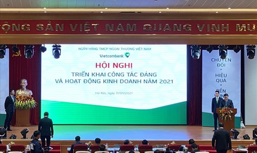 Hội nghị triển khai công tác Đảng và hoạt động kinh doanh năm 2021 của ngân hàng Vietcombank sáng 11.1.2020. Ảnh Lan Hương