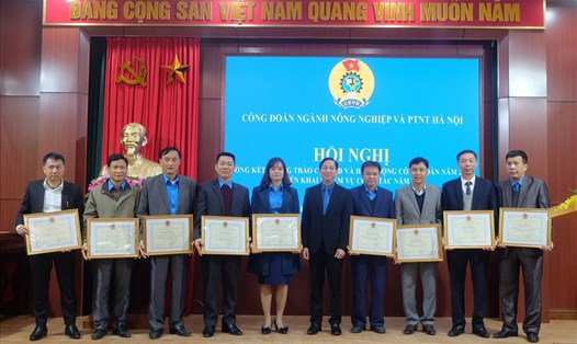 Lãnh đạo Liên đoàn Lao động thành phố Hà Nội trao Bằng khen. Ảnh: CĐ ngành