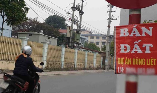 Dự án bị cơ quan chức năng ra văn bản cấm giao dịch, mua bán lại treo biển rao bán gần ngay... UBND huyện Yên Phong (tỉnh Bắc Ninh). Ảnh: PV.