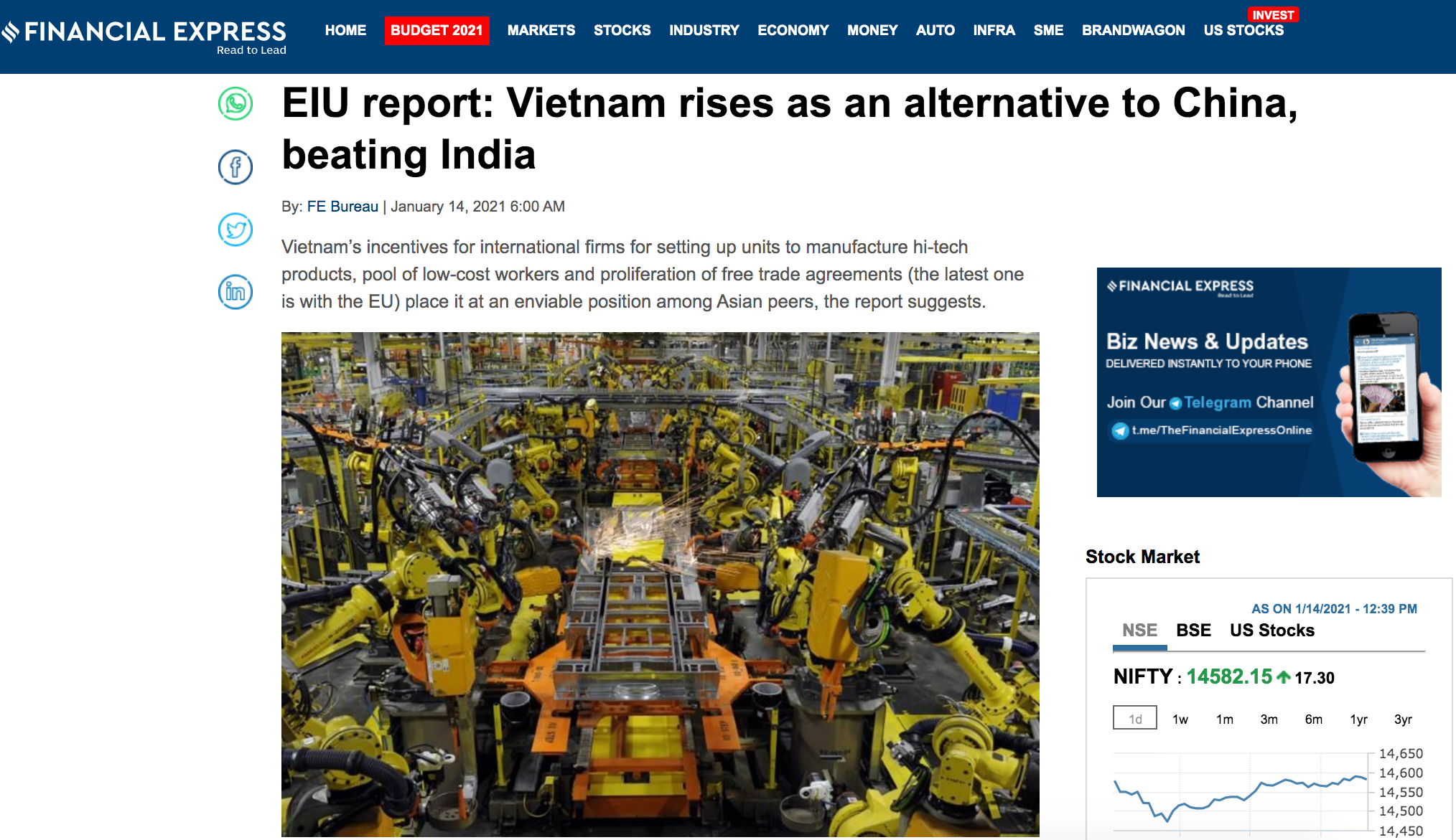 Ảnh chụp màn hình bài viết trên tờ Financial Express ngày 14.1.2021.