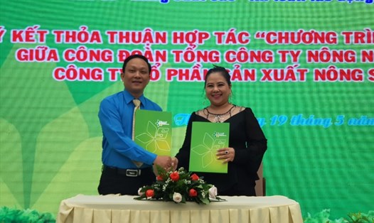 Ông Đinh Anh Sâm, Chủ tịch Công đoàn Tổng Công ty Nông nghiệp Sài Gòn ký thỏa thuận hợp tác với doanh nghiệp để cung cấp sản phẩm giảm giá so với thị trường cho công nhân lao động thuộc Tổng Công ty. Ảnh Nam Dương