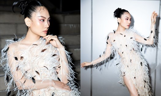 Người đẹp nhân ái của Hoa hậu Việt Nam Mai Phương lộng lẫy với thiết kế lông vũ. Ảnh: NSCC.