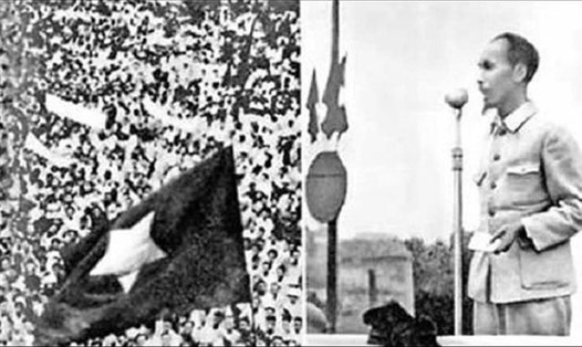 Chủ tịch Hồ Chí Minh đọc Tuyên ngôn độc lập ngày 2.9.1945 (ảnh phải) tại Quảng trường Ba Đình (ảnh trái). Ảnh: Tư liệu
