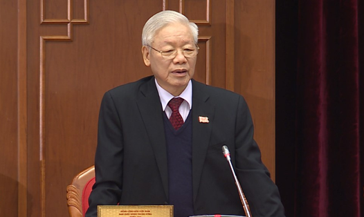 Tổng Bí thư, Chủ tịch Nước Nguyễn Phú Trọng phát biểu tại Hội nghị lần thứ nhất Ban Chấp hành Trung ương khoá XIII. Ảnh Phạm Cường
