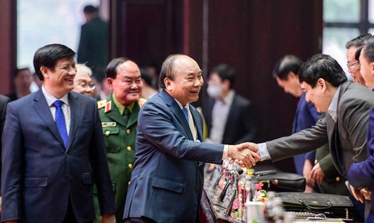 Thủ tướng Nguyễn Xuân Phúc dự Hội nghị Y tế toàn quốc sáng nay. Ảnh: Quỳnh Trang