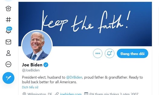 Tài khoản Twitter của Tổng thống đắc cử Joe Biden. Ảnh: AFP.