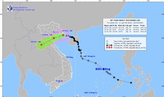 Ví trí, hướng đi của áp thấp nhiệt đới khẩn cấp (suy yếu từ bão số 7). Nguồn: NCHMF