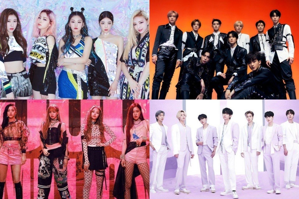 4 nhóm nhạc Kpop - ITZY, NCT 127, BlackPink, BTS. Ảnh: Poster, MV. 4 nhóm nhạc Kpop - ITZY, NCT 127, BlackPink, BTS. Ảnh: Poster, MV.