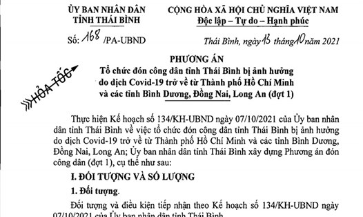 Phương án đón công dân tỉnh Thái Bình trở về từ TPHCM và một số tỉnh phía Nam.