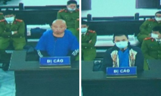 Bị cáo Đường "Nhuệ" và con nuôi Tiến "trắng" tại phiên xét xử do Tòa án nhân dân TP.Thái Bình tổ chức hôm nay. Ảnh chụp màn hình: T.D