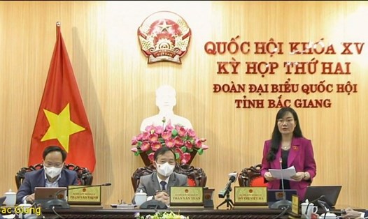 Đại biểu Đỗ Thị Việt Hà - Đoàn ĐBQH tỉnh Bắc Giang, thảo luận trực tuyến tại điểm cầu Bắc Giang. Ảnh: QH