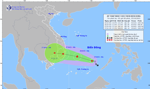 Áp thấp nhiệt đới trên Biển Đông hồi 02h ngày 25.10. Ảnh: Trung tâm Dự báo Khí tượng Thuỷ văn Quốc gia