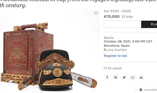 Mũ quan triều Nguyễn có giá 70.000 Euro trên sàn đấu chiều 26.10. Ảnh: Tường Minh