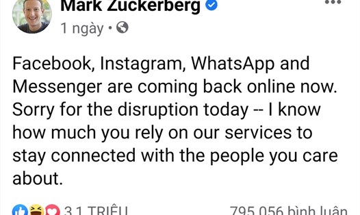 Dòng trạng thái của CEO Facebook sau sự cố "sập mạng". Ảnh chụp màn hình.