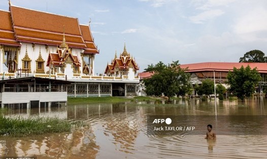 Quang cảnh một ngôi chùa chìm trong biển nước ở Ayutthaya, Thái Lan. Ảnh: AFP