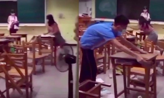 Cô giáo Đài Loan tức giận lật đổ bàn ghế trong lớp học. Ảnh chụp màn hình