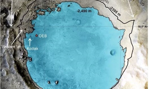 Miệng núi lửa Jezero trên sao Hỏa được chọn để đáp tàu Perseverance vì được cho là hồ nước cổ đại. Ảnh: NASA
