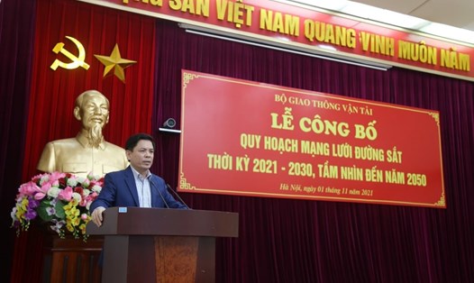 Bộ trưởng Bộ GTVT - Nguyễn Văn Thể phát biểu tại lễ công bố Quy hoạch mang lưới đường sắt . Ảnh ĐT
