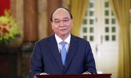 Chủ tịch nước Nguyễn Xuân Phúc phát biểu theo hình thức ghi hình tại Hội nghị thượng đỉnh doanh nghiệp APEC 2021, ngày 11.11.2021. Ảnh: BNG