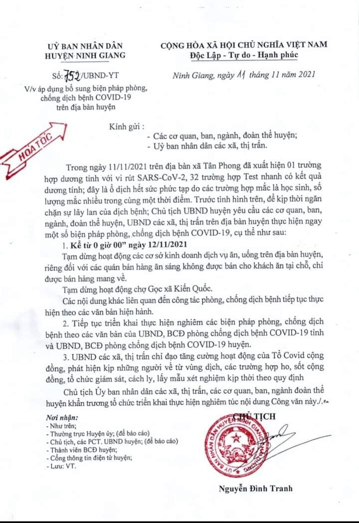 Huyện Ninh Giang (Hải Dương) dừng hoạt động kinh doanh dịch vụ ăn uống từ 0h ngày 12.11.