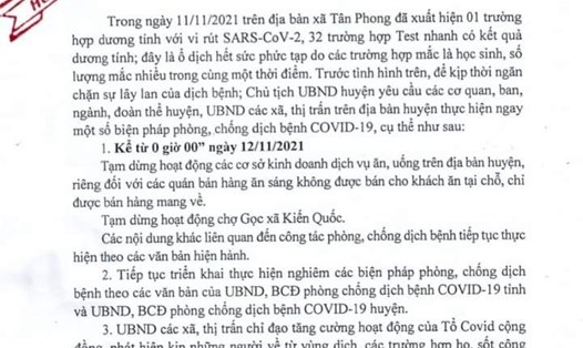 Huyện Ninh Giang (Hải Dương) dừng hoạt động kinh doanh dịch vụ ăn uống từ 0h ngày 12.11.