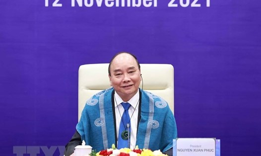 Chủ tịch nước Nguyễn Xuân Phúc tham dự hội nghị các nhà lãnh đạo kinh tế APEC lần thứ 28 theo hình thức trực tuyến. Ảnh: TTXVN