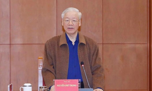Tổng Bí thư Nguyễn Phú Trọng phát biểu kết luận tại cuộc họp. Ảnh Nguyễn Điệp