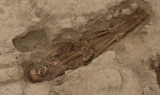 Một bộ xương người được khai quật tại Huaca Santa Rosa de Pucalá. Ảnh: Edgar Bracamonte Lévano/the Royal Tombs of Sipán museum