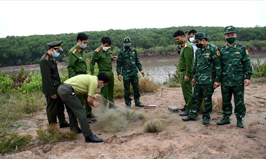 Lực lượng chức năng thu giữ hàng 100m lưới bẫy chim của các cá nhân vi phạm trên địa bàn huyện Kim Sơn (Ninh Bình). Ảnh: NT