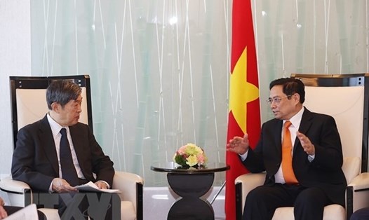 Thủ tướng Phạm Minh Chính tiếp Chủ tịch Cơ quan hợp tác quốc tế Nhật Bản JICA Shicichi Kitaoka. Ảnh: TTXVN
