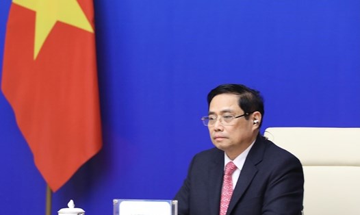 Thủ tướng Phạm Minh Chính dự hội nghị cấp cao Diễn đàn Hợp tác Á-Âu (ASEM) lần thứ 13 theo hình thức trực tuyến. Ảnh: TTXVN