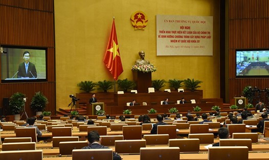 Hội nghị toàn quốc triển khai thực hiện Kết luận 19-KL/TW của Bộ Chính trị về định hướng Chương trình xây dựng pháp luật nhiệm kỳ Quốc hội Khóa XV. Ảnh: Quang Khánh
