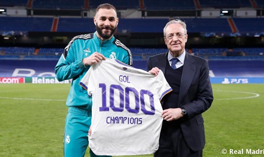 Karim Benzema đánh dấu bàn thắng thứ 1.000 của câu lạc bộ Real Madrid trong lịch sử tham dự Cúp C1/Champions League. Ảnh: Real Madrid