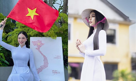 Hoàng Hương Ly mang bản đồ Việt Nam đến "Hoa hậu Du lịch quốc tế". Ảnh: NSCC.