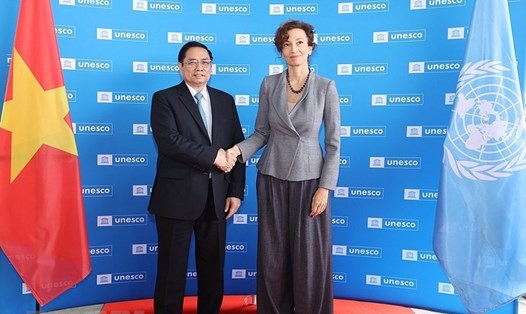 Thủ tướng Phạm Minh Chính và bà Audrey Azoulay -Tổng Giám đốc UNESCO. Ảnh: TTXVN