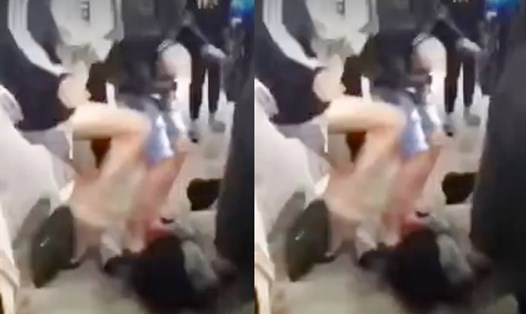 Hình ảnh nữ sinh lớp 10 Trường Cao đẳng Kỹ thuật Việt Đức ở Hà Tĩnh bị đánh hội đồng, dẫm đạp lên mặt. Ảnh cắt từ clip