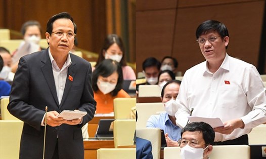 Bộ trưởng Bộ Y tế Nguyễn Thanh Long (bên phải) và Bộ trưởng Bộ Lao động Thương binh - Xã hội Đào Ngọc Dung (bên trái) là 2 bộ trưởng đầu tiên đăng đàn trả lời chất vấn. Ảnh QH