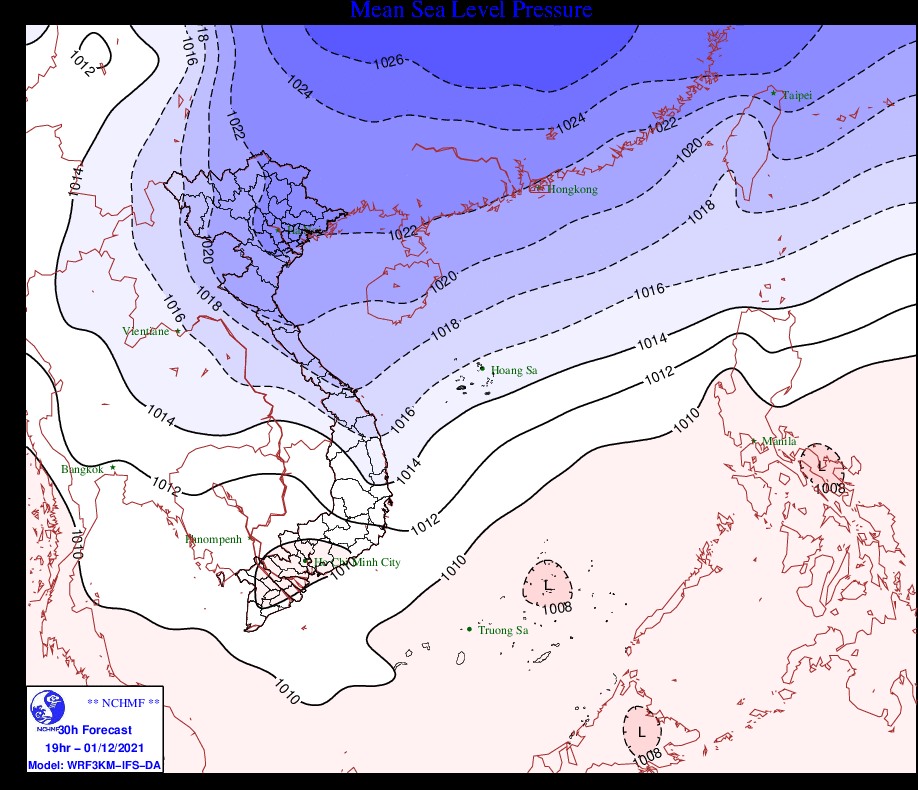 Dự báo thời tiết của Trung tâm Dự báo Khí tượng Thủy văn Quốc gia Việt Nam về không khí lạnh tăng cường từ ngày 2.12.